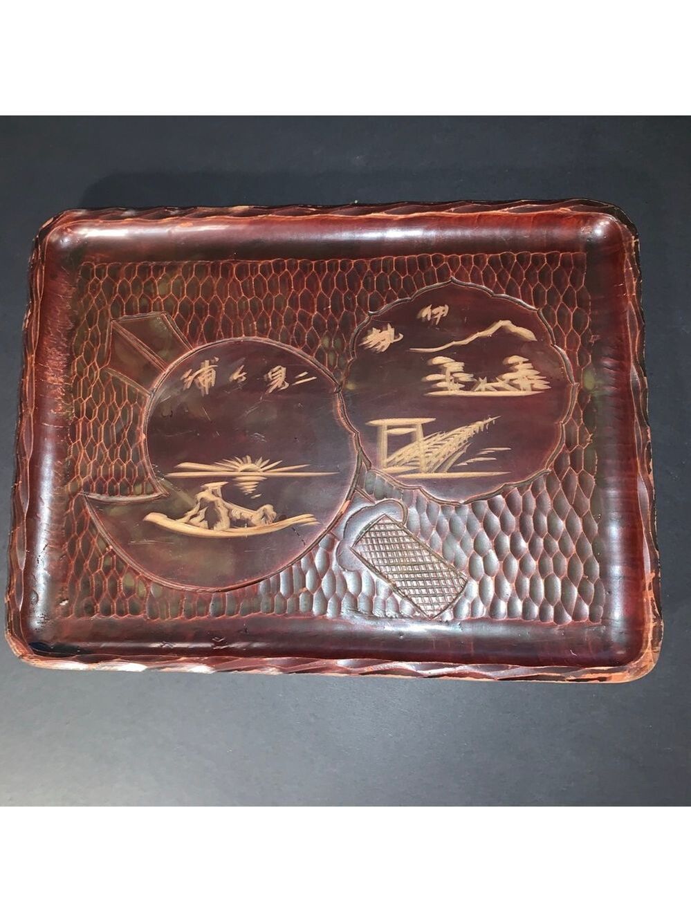 Vintage Brown Wooden Tray with Japanese Scenery Design